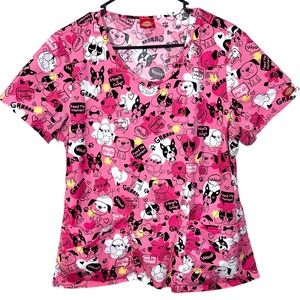 Dickies Dog Print Scrub Top V Neck Women’s M Pink Vet Tech/ Nursing